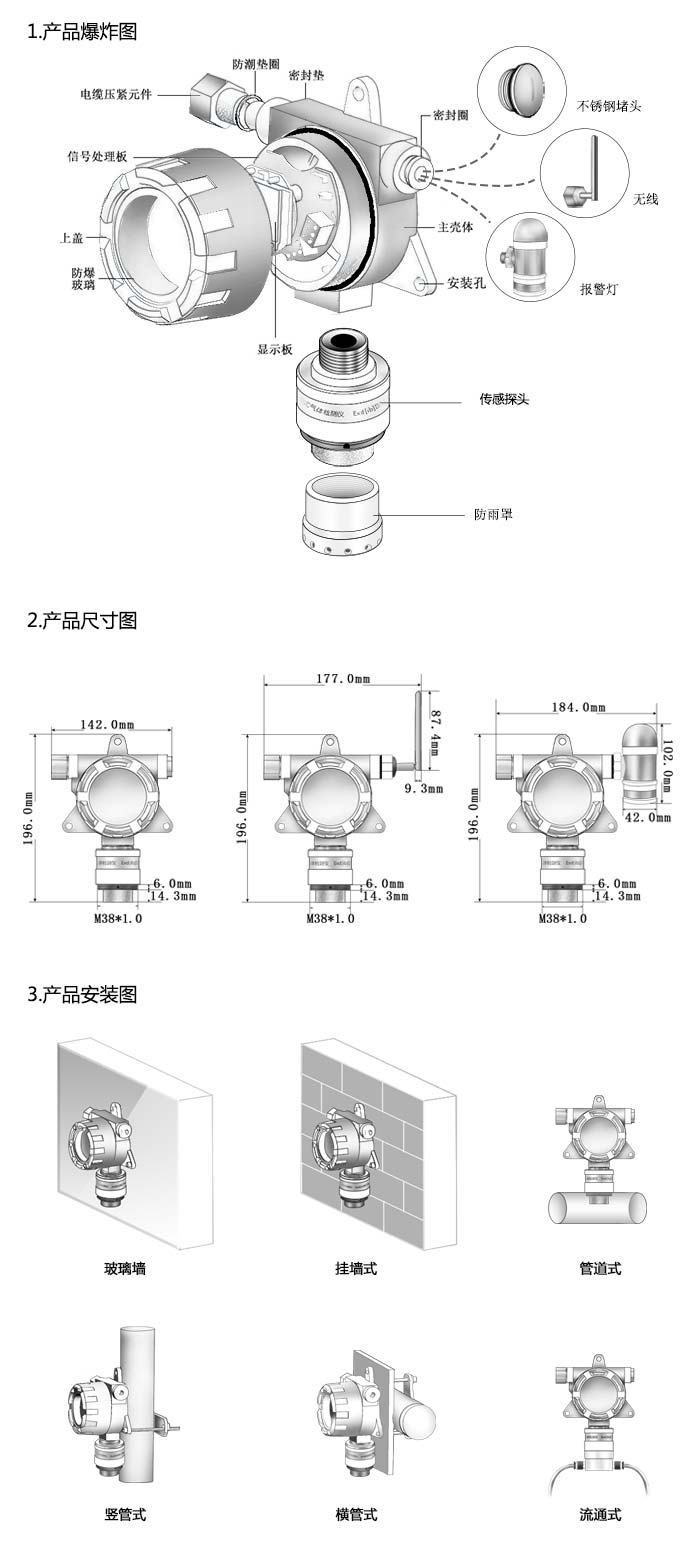 大眾固定在線式1-碘丙烷氣體檢測儀雙氣型網絡版尺寸與安裝圖