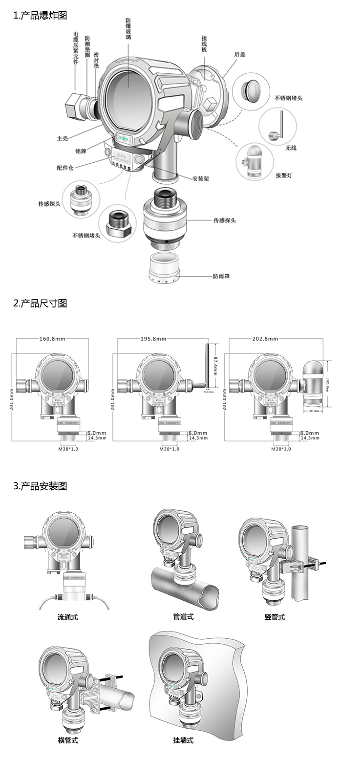 機氣貓固定在線式1-硫代丁醇氣體檢測儀管道安裝型網絡版尺寸與安裝圖