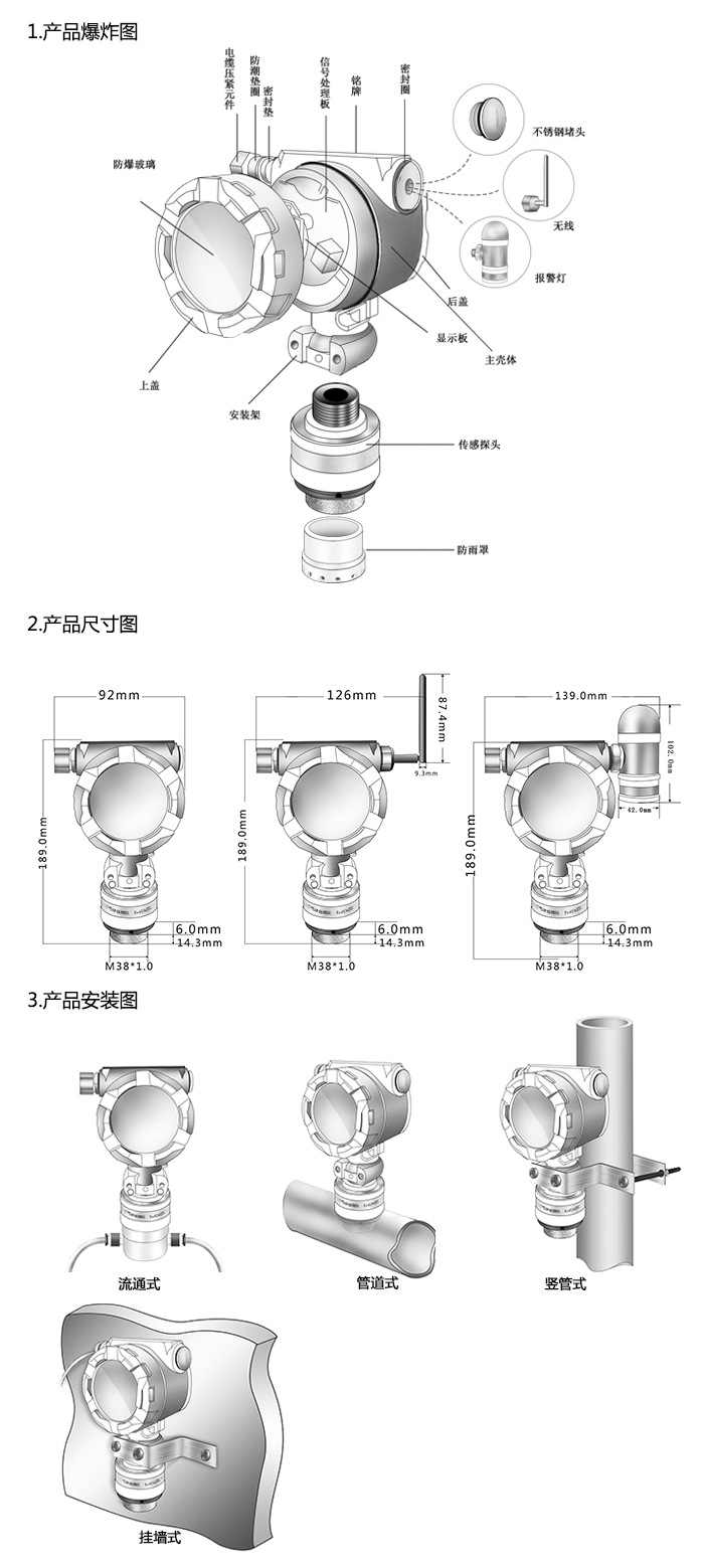 探路者固定在線式氨氣氣體檢測儀流通型網(wǎng)絡版尺寸與安裝圖